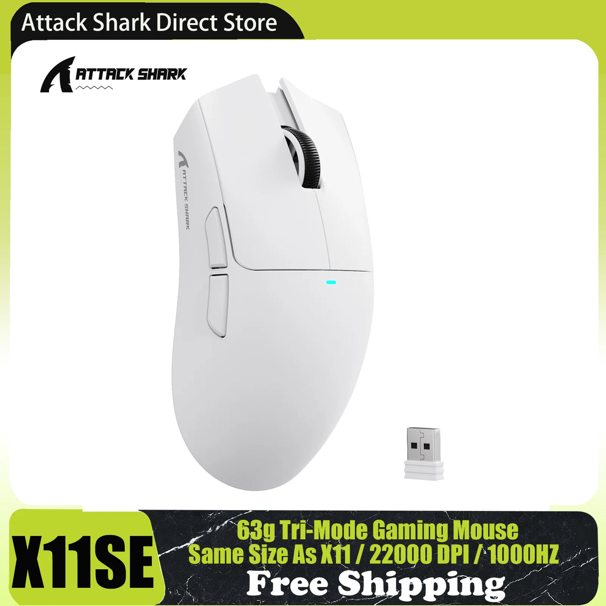 Mouse da gaming wireless ATTACK SHARK X11SE, tri-mode, ultraleggero 63g con sensore PAW3311, 22000 DPI, batteria 300mAh, doppio driver
