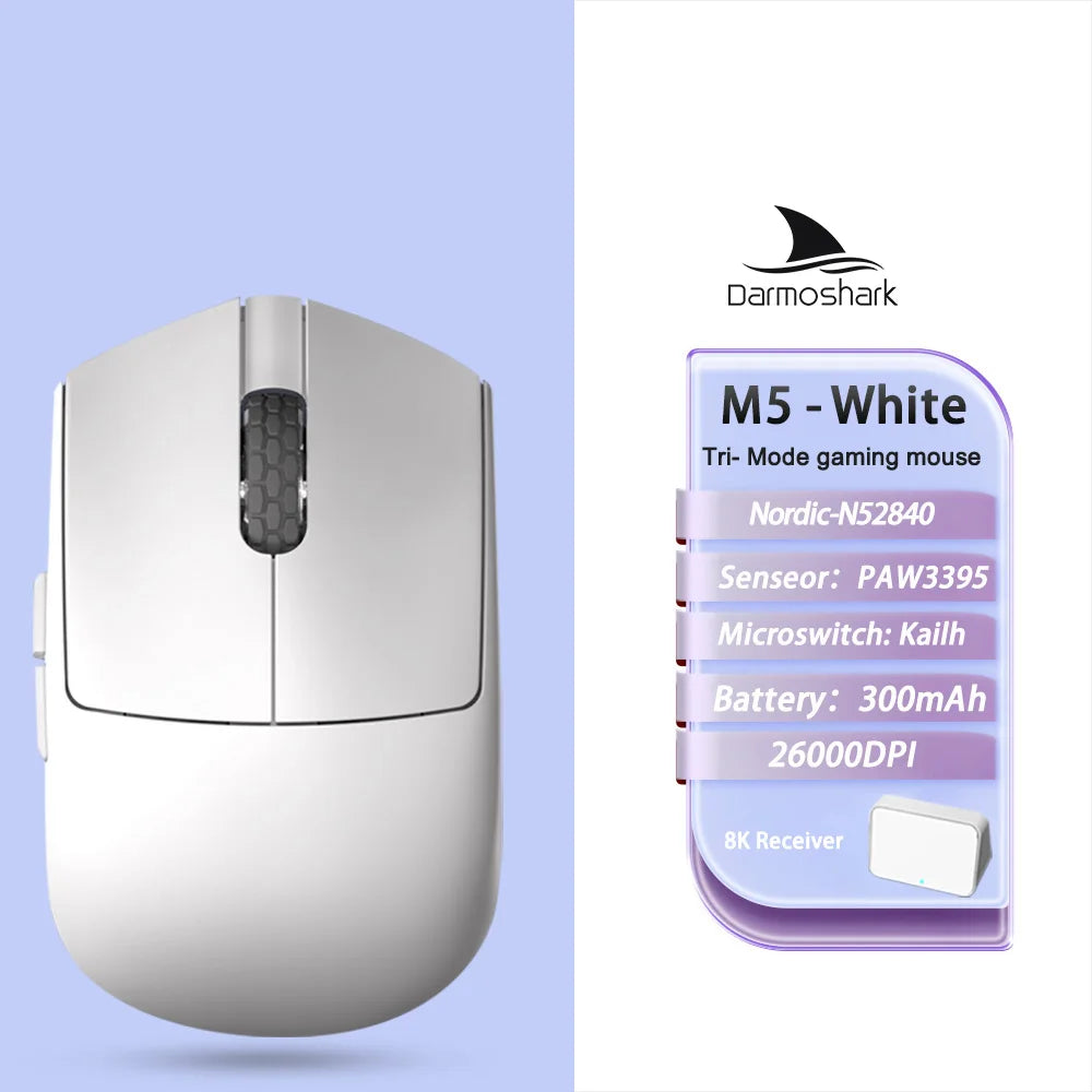 Mouse gaming wireless Darmoshark M5Air in fibra di carbonio forgiata 8K PAW3950 30K DPI per mani piccole, presa fingertip, macro di gioco, ultraleggero