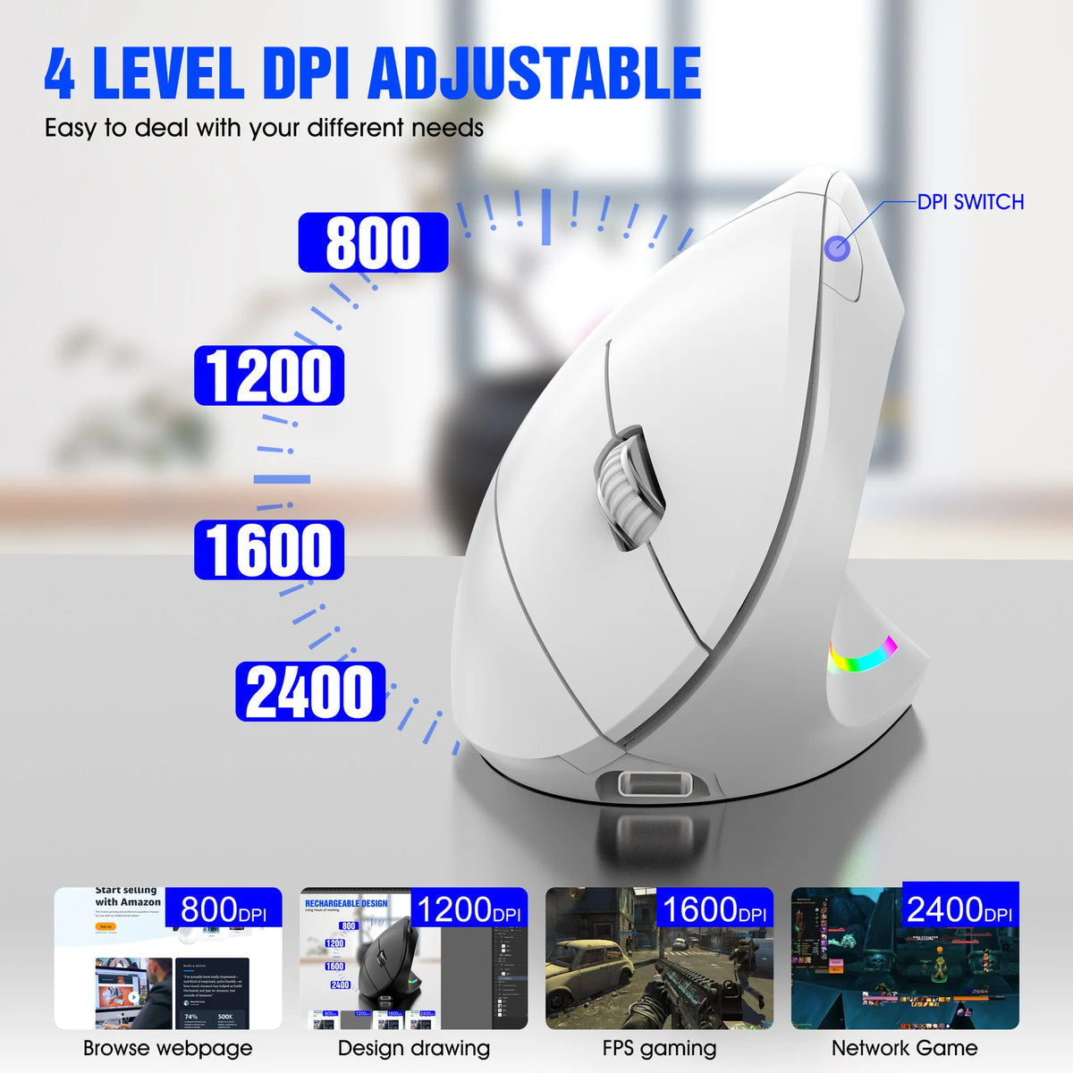 Wireless Vertical Mouse 2.4GHz Ergonomic Optical Mouse, Adjustable DPI Wireless Vertical Mouse with RGB Backlight for Laptop, PC, Mac, Tablet & Office