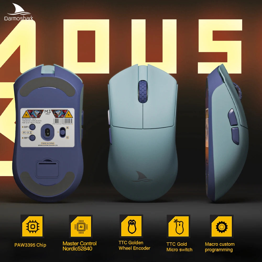 Ratón gaming Darmoshark M3Pro 2.4G BT inalámbrico trimodo con sensor PAW3395 N52840, 26000DPI, para manos grandes, controlador macro para gaming