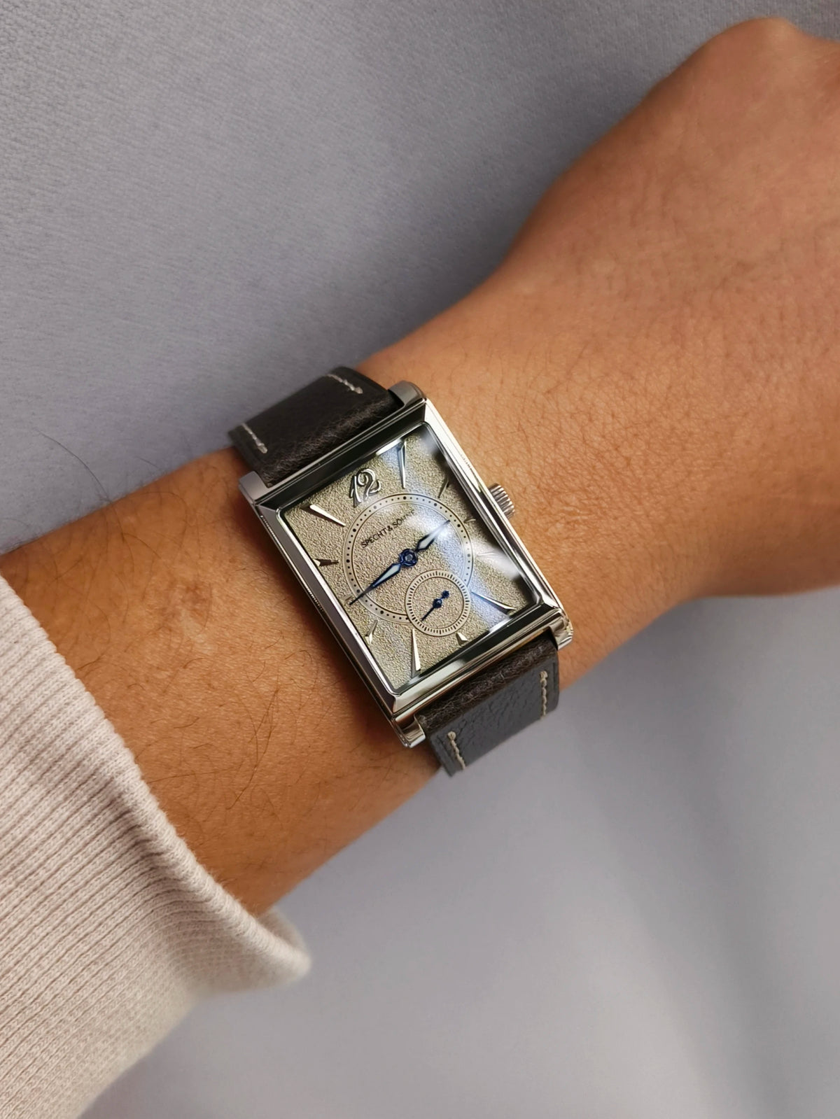 2026 Specht&Söhne Ultra Thin 7.5mm Rectangular Watch Japan Quartz Movt Small Seconds Sandblasted Dial Grey Leather Strap Watch