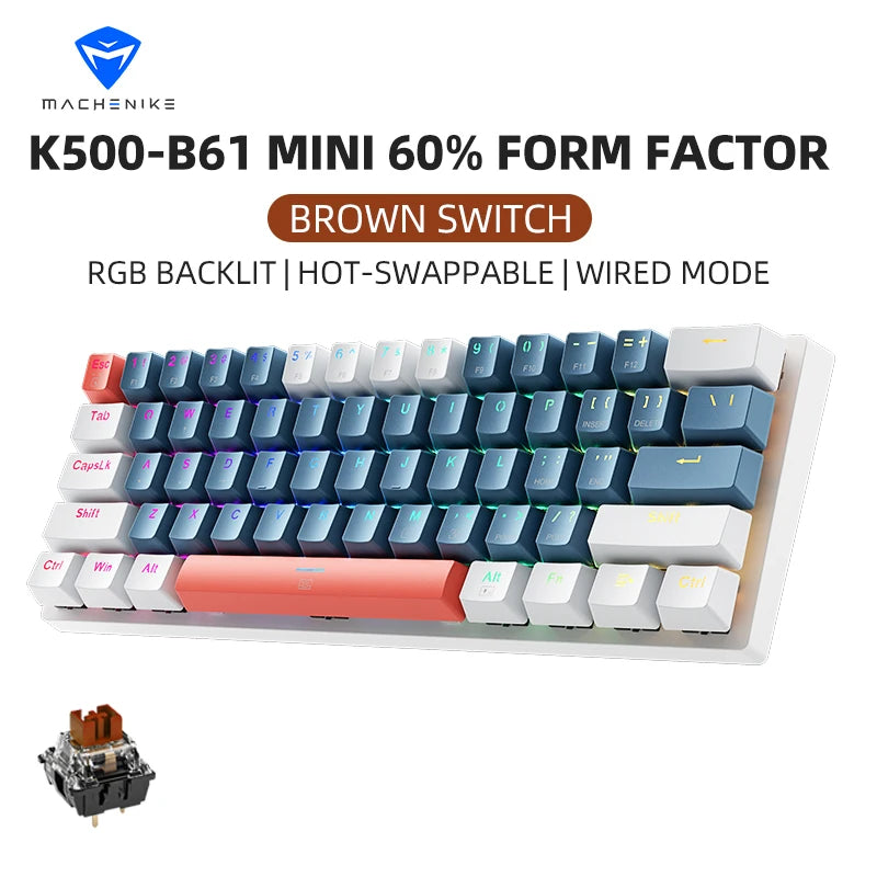 K500-B61 Machenike mini mehanička tipkovnica, format 60%, 61 tipka, gaming tipkovnica, žična, potpuno hot-swappable, RGB pozadinsko osvjetljenje