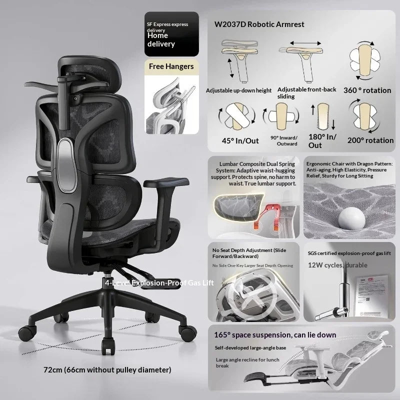 Ergonomska uredska stolica od mrežastog materijala s podesivom lumbalnom potporom, okretnim i nagibnim mehanizmom, naslonom za glavu i kotačićima za kućni ured, ured i gaming