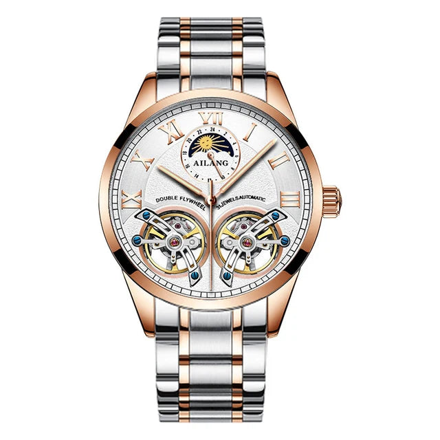AILANG Double Tourbillon Design Business Men Mechanical Watch Fashion Leather Moon Phase Automatic Watches for Mens Reloj Hombre