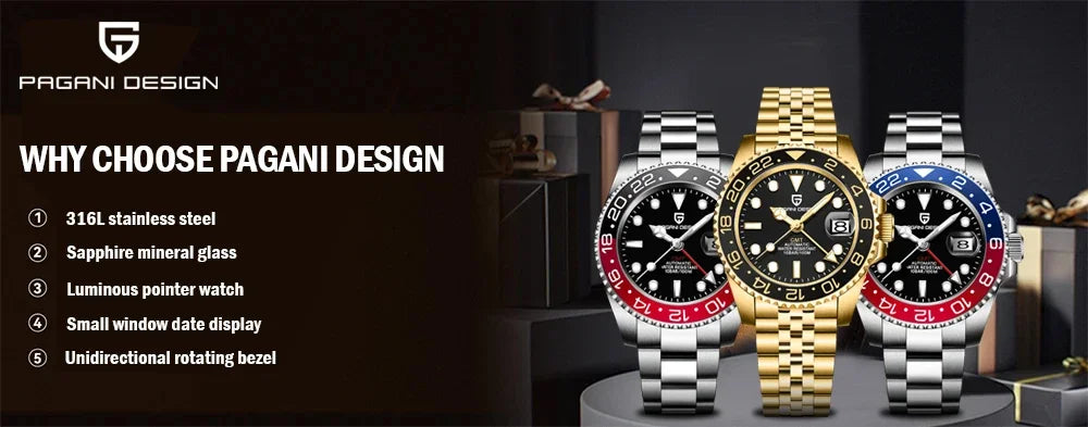 PAGANI DESIGN V3 PD-1662 GMT Watches Men's Luxury Sapphire Automatic Mechanical Watch 40MM Stainless Steel 100M Waterproof Watch