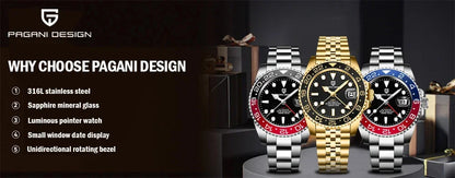 PAGANI DESIGN V3 PD-1662 GMT Watches Men's Luxury Sapphire Automatic Mechanical Watch 40MM Stainless Steel 100M Waterproof Watch