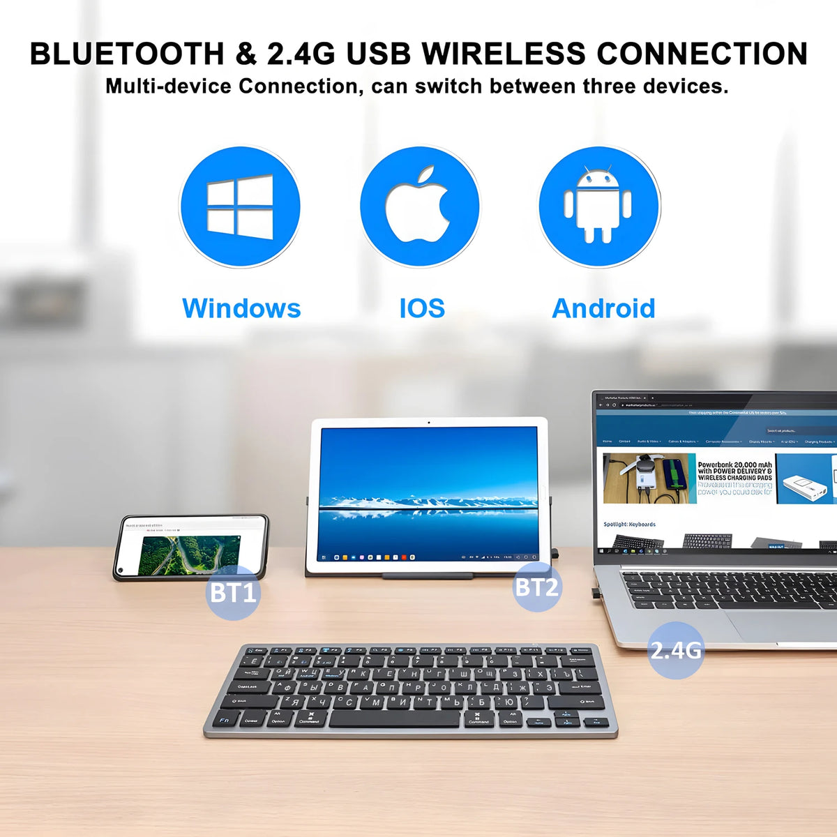 Russian English Layout Slim Wireless Keyboard Bluetooth & 2.4G Dual Mode Keyboard Compact Ergonomic for Windows ios Android