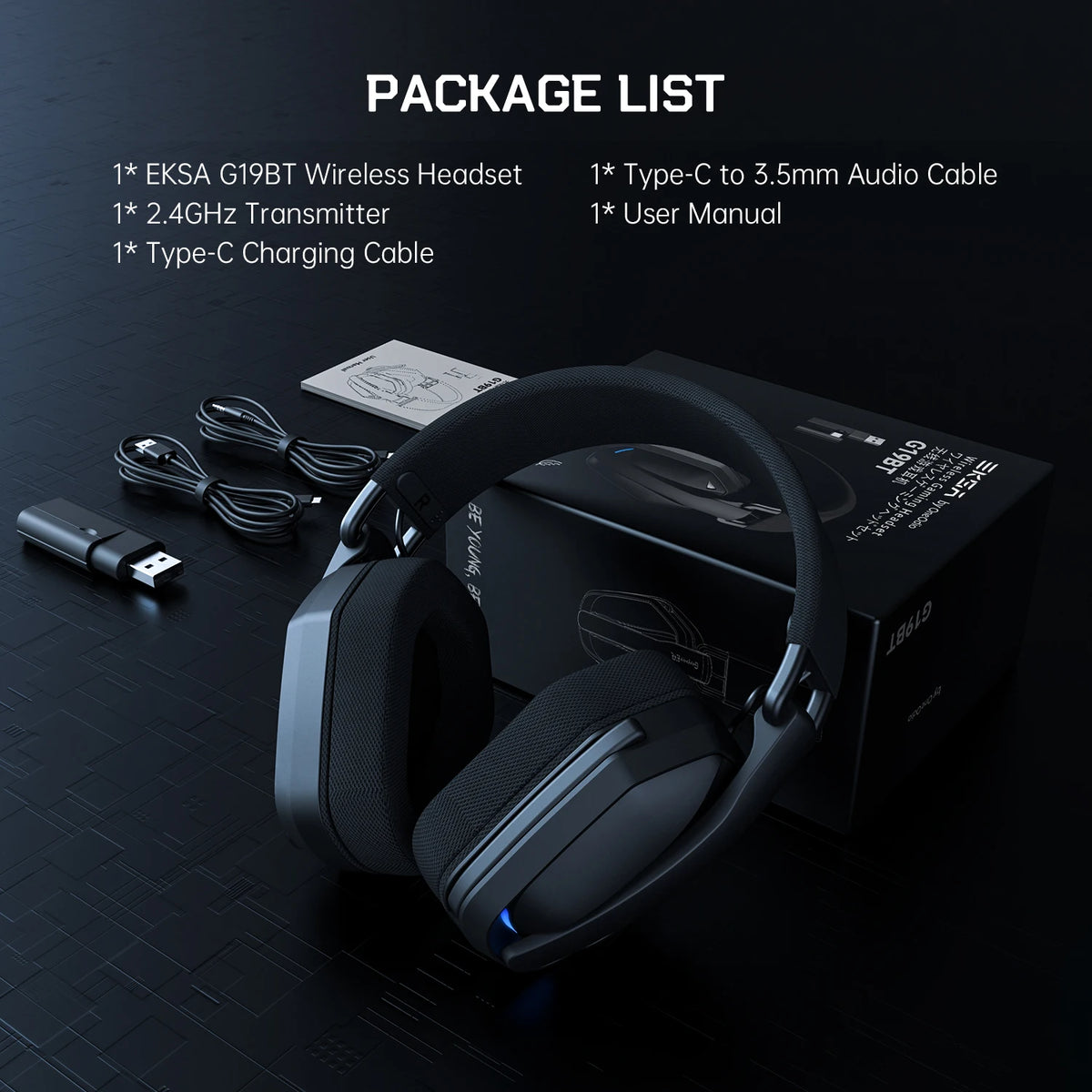 Auscultadores Gaming Sem Fios Tri-Mode EKSA G19BT – Bluetooth 5.4, Auscultadores Gaming 2.4GHz de Baixa Latência com Microfone para PC, PS5, Xbox