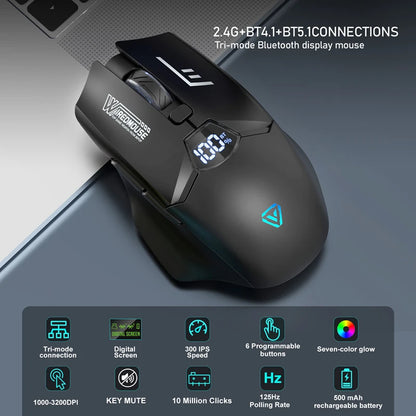 Ratón Bluetooth inalámbrico de doble modo con pantalla inteligente, carga silenciosa, para oficina, gaming, portátil y tablet, universal