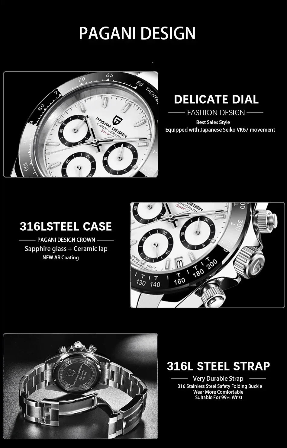 New PAGANI DESIGN PD1644 Luxury Men's Quartz Watch Automatic date Wristwatches Sport 100m Waterproof Chronograph Men Gift