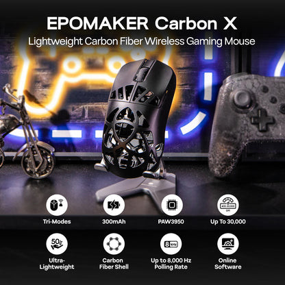 Mouse da gaming wireless EPOMAKER Carbon X cablato/2.4G/BT, da 400 a 30,000 DPI regolabili, con sensore PAW3950 per PC/Mac/Linux