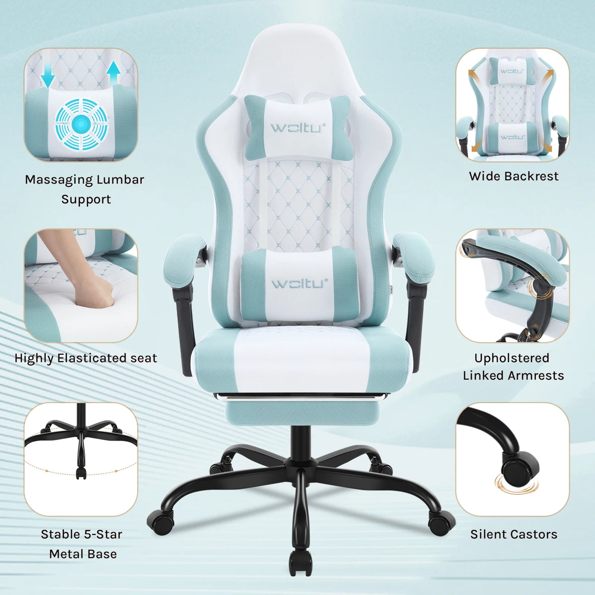 Cadeira de computador giratória WOLTU com função de massagem, cadeira de escritório ergonómica com almofada e apoio para os pés, cadeira gaming ajustável em altura