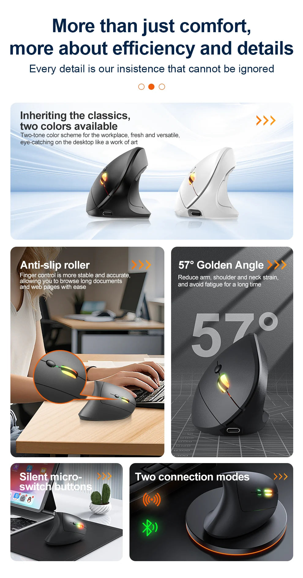 Mouse verticale wireless Bluetooth 2.4G ricaricabile ergonomico 1600DPI regolabile da gaming 6 pulsanti per laptop PC computer