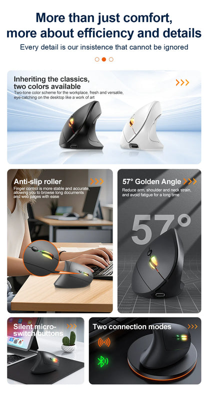 Mouse verticale wireless Bluetooth 2.4G ricaricabile ergonomico 1600DPI regolabile da gaming 6 pulsanti per laptop PC computer
