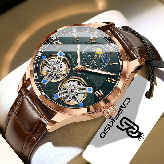 CAREKISO Fashion Men Clock Double Hollow Tourbillon Automatic Mechanical Man Watch Waterproof Luminous Leather Men's Watches+Box