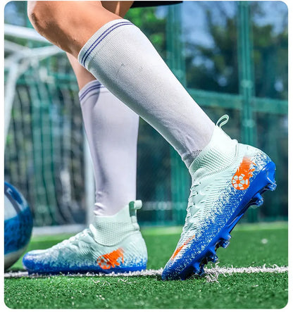 Men Women Football Boots High-top Non-Slip Soccer Sneakers Breathable Futsal Training Shoes Outdoor Grass Ankle Soccer Cleats
