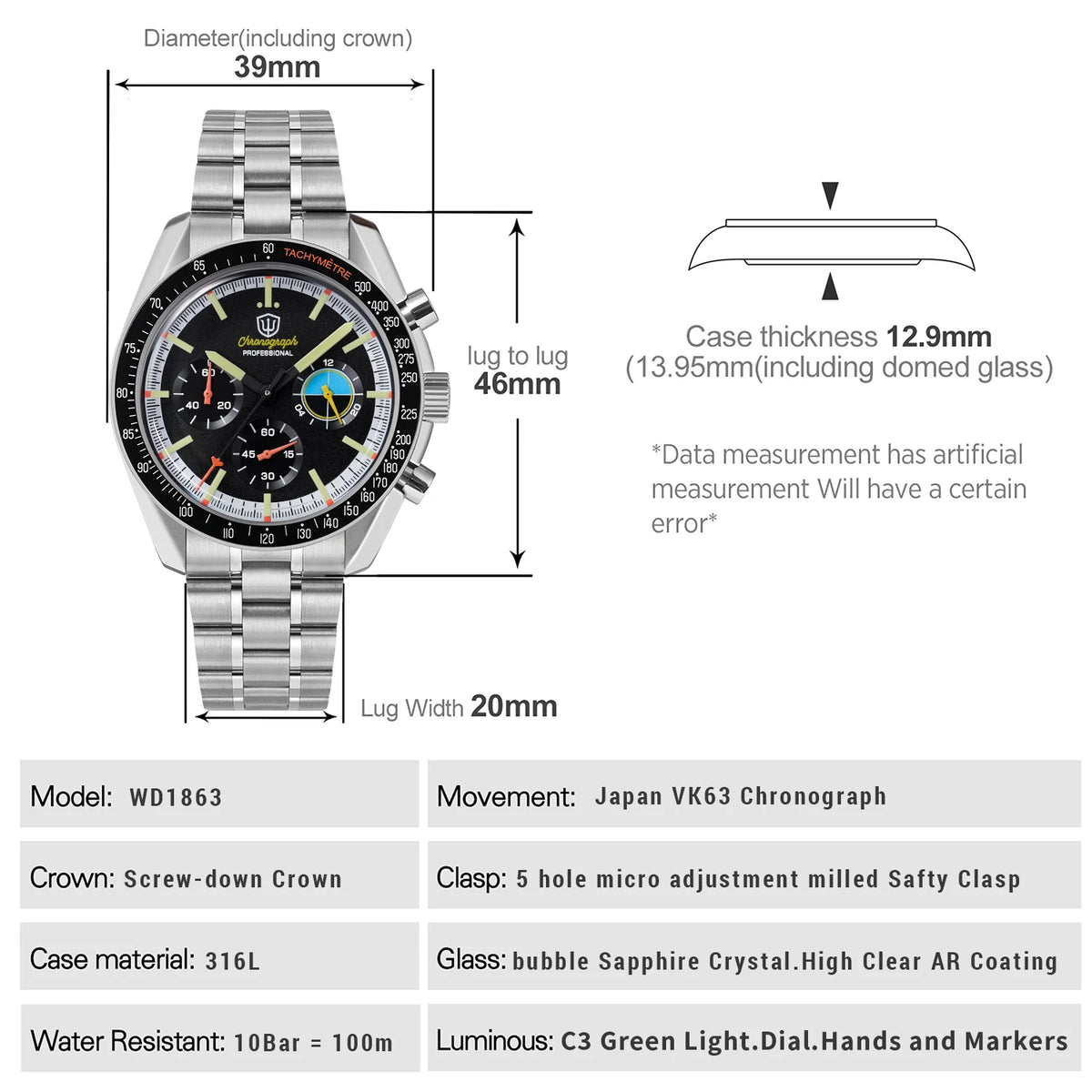 Watchdives WD1863 39mm Watch VK63 Quartz Chronograph Movement BGW9 Luminous 10Bar Waterproof 39mm Vintage Watches