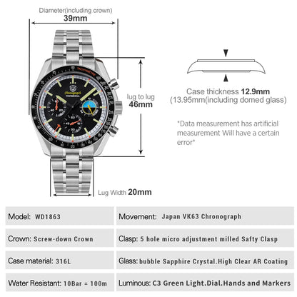 Watchdives WD1863 39mm Watch VK63 Quartz Chronograph Movement BGW9 Luminous 10Bar Waterproof 39mm Vintage Watches