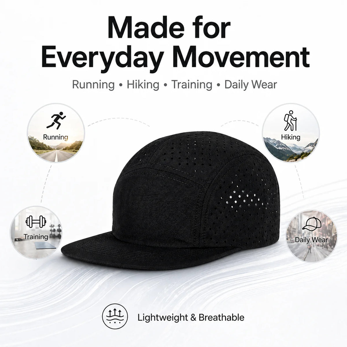 Quick-Dry 5 Panel Running Cap Laser Cut Perforated Breathable Sport Hat Ultra-Lightweight Soft Top Baseball Cap for Men Women