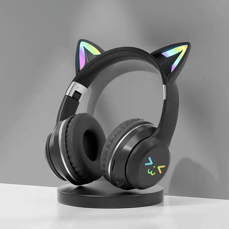 RGB Cat Ear Bluetooth Headphones Wireless Gaming Headset with Microphone, Cute LED Light Stereo Music Headphones for Kids Girls Gifts