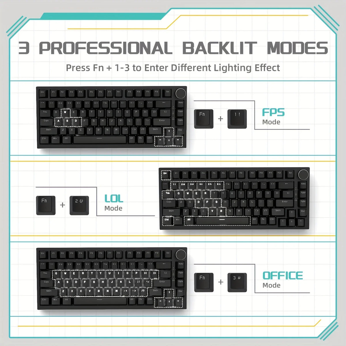 AJAZZ AK820 Mechanical Keyboard Hot-Swappable 82-Key Wired Keyboard with Rotary Volume Knob for Office, Gaming & Home