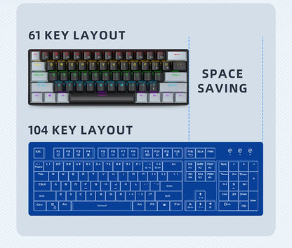 APAYADO K61 60% mini drátová herní mechanická klávesnice Phantom RGB, 61 kláves, červené/modré spínače, ergonomická, přenosná pro PC/notebook