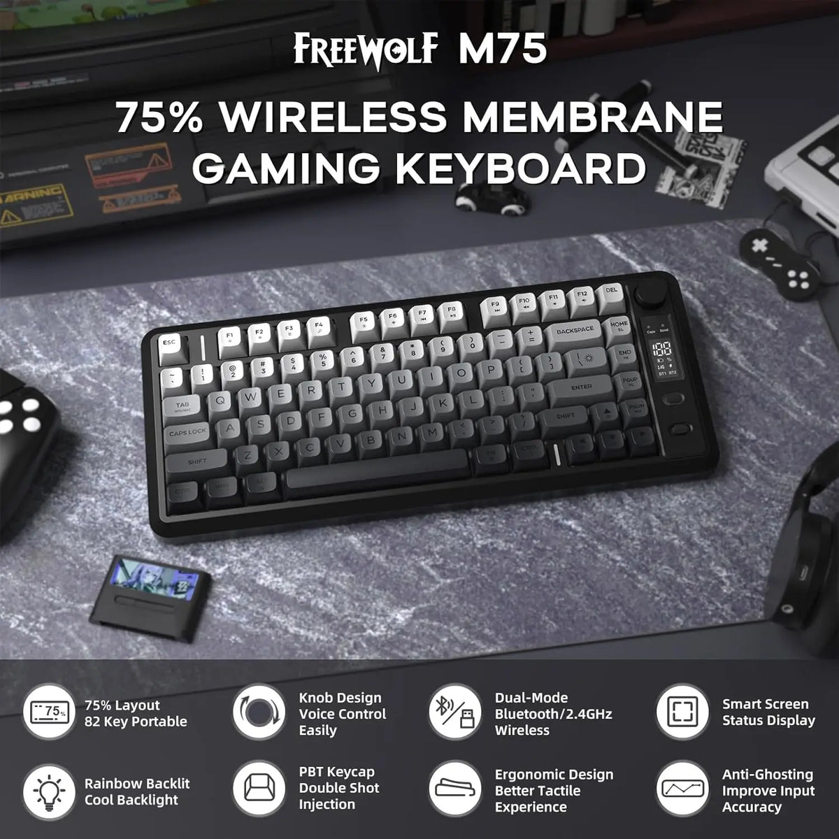 ATTACK SHARK M75 Wireless Membrane Gaming Keyboard with OLED Display, Bluetooth & 2.4GHz Tri-Mode, RGB Backlit PBT Keycaps, Multifunction Knob