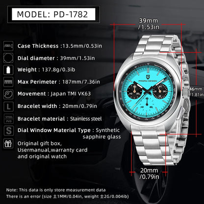 Pagani design2026fashion men's quartz watch top brand luxury sapphire VK63 men's chronograph all-steel diving relógios masculino