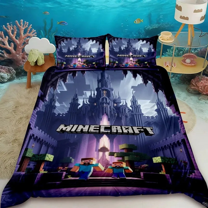 Cartoon Children Duvet Cover Minecraft Cartoon Quilt Cover Bedding Set Queen King Full Size with 1/2 Pillocase Bedroom