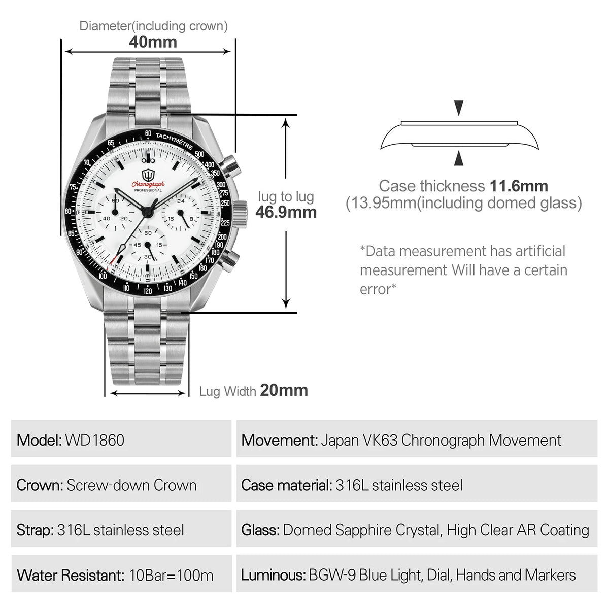 Watchdives WD1860 Watch VK63 Chronological Movement Stainless Steel Watch Sapphire AR Coating Night Light Retro Watches