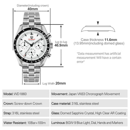 Watchdives WD1860 Watch VK63 Chronological Movement Stainless Steel Watch Sapphire AR Coating Night Light Retro Watches