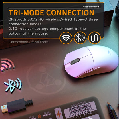 Ratón gaming Darmoshark M3Pro 2.4G BT inalámbrico trimodo con sensor PAW3395 N52840, 26000DPI, para manos grandes, controlador macro para gaming