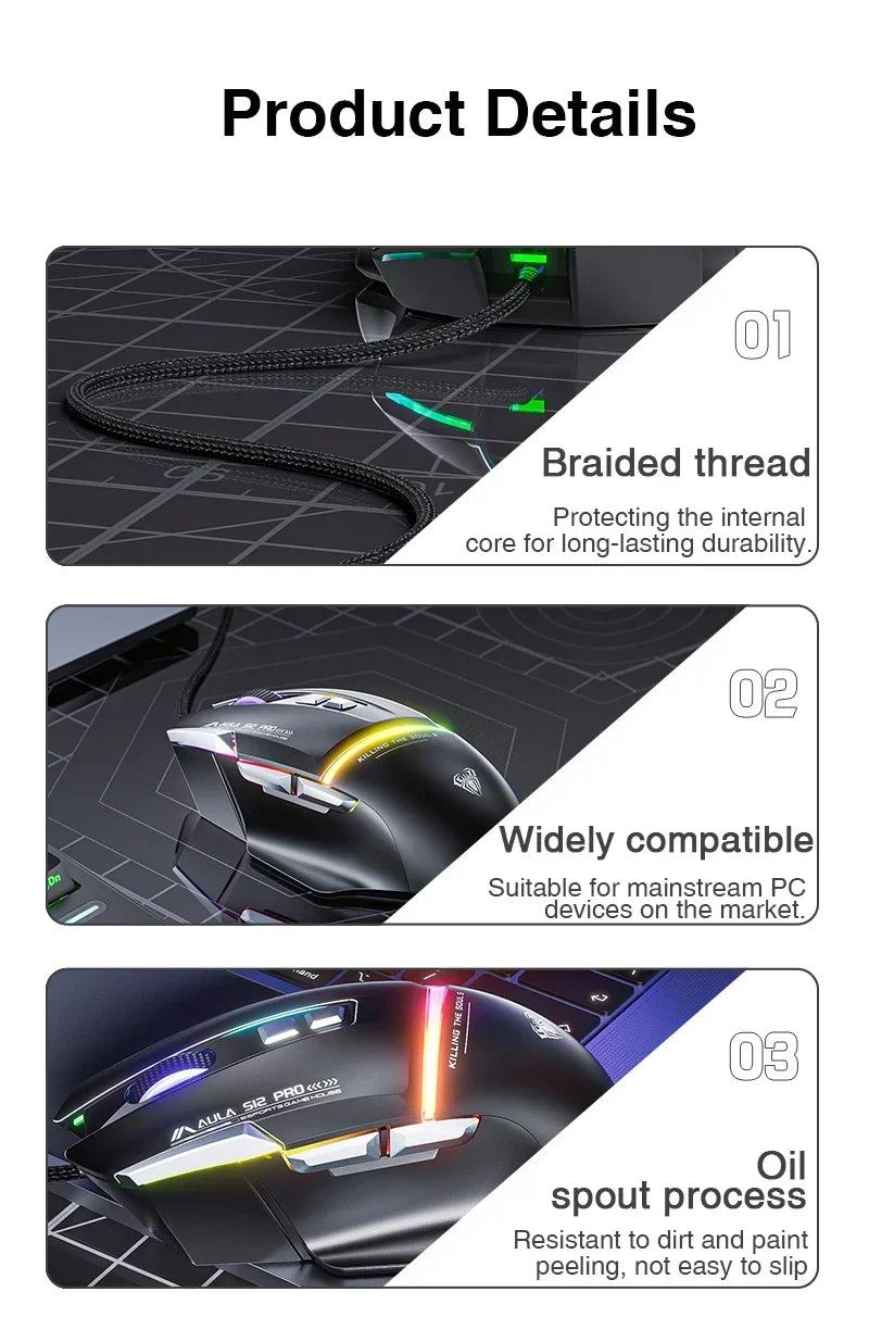 Ratón mecánico con cable AULA S12Pro 1000HZ 12800DPI RGB de baja latencia con macros configurables para esports, accesorios gaming para PC