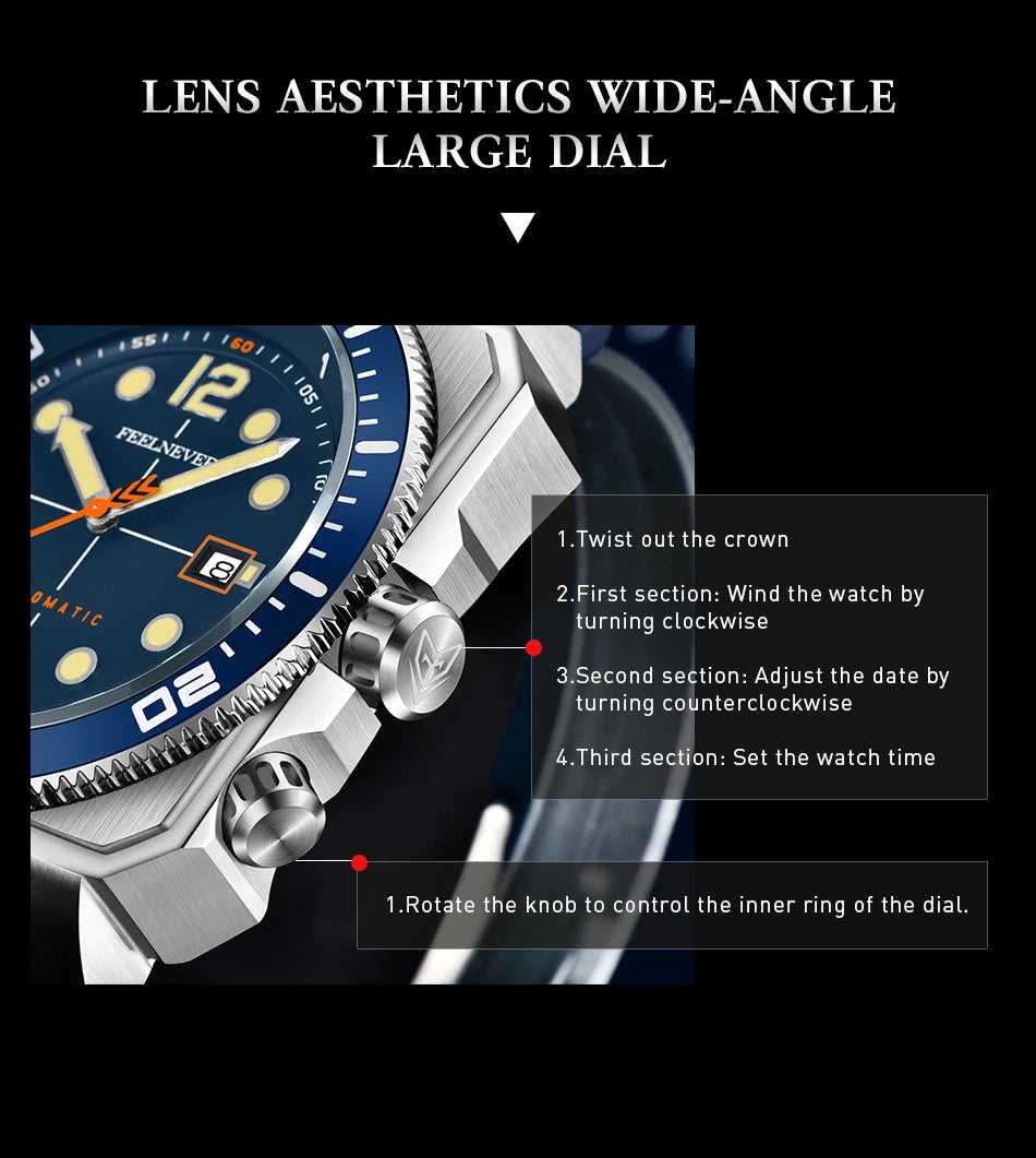 FeelNever 8215 Movement Automatic Dive Watch for Men Super Luminous 316 Steel Wristwatch Sapphire Sports Mechanical Male Watches