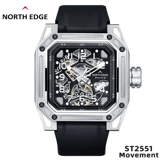 NORTH EDGE Men's Mechanical Watches Stainless Steel Skeleton Automatic Watch For Men Waterproof 100M Seagull's Movement Space X