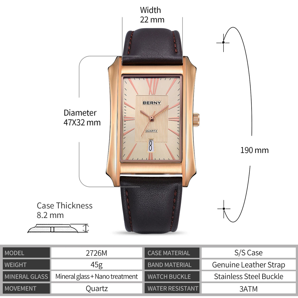 BERNY Watch for Men Rectangle Japan Quartz Wristwatch Waterproof Business Rectangular Dress Male Clock Top Genuine Leather Strap