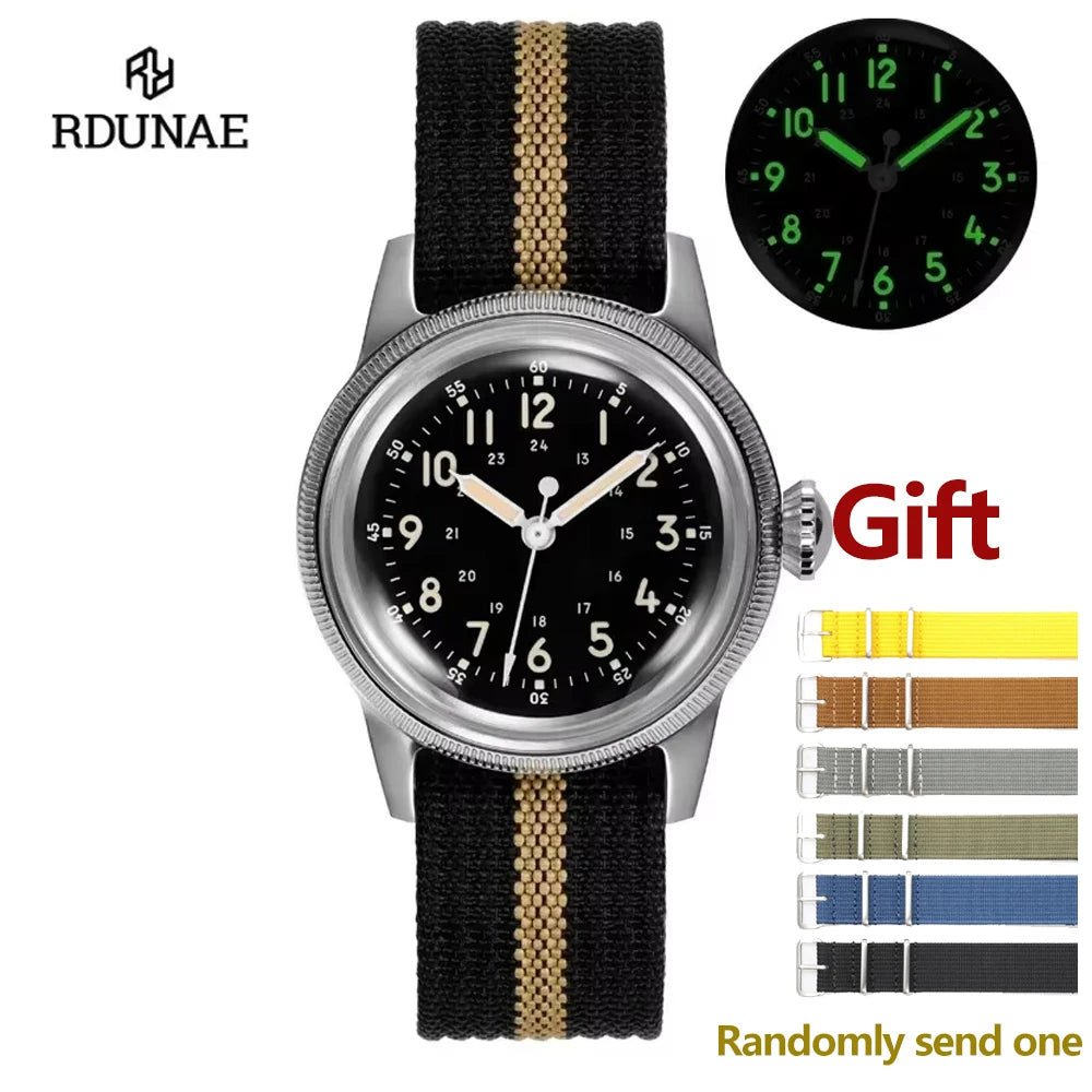 RDUNAE RA05 Vintage Military Watch 2035 Movement Quartz K1 Mineral Glass Crystal Stainless Steel Luminous Waterproof Men Watches