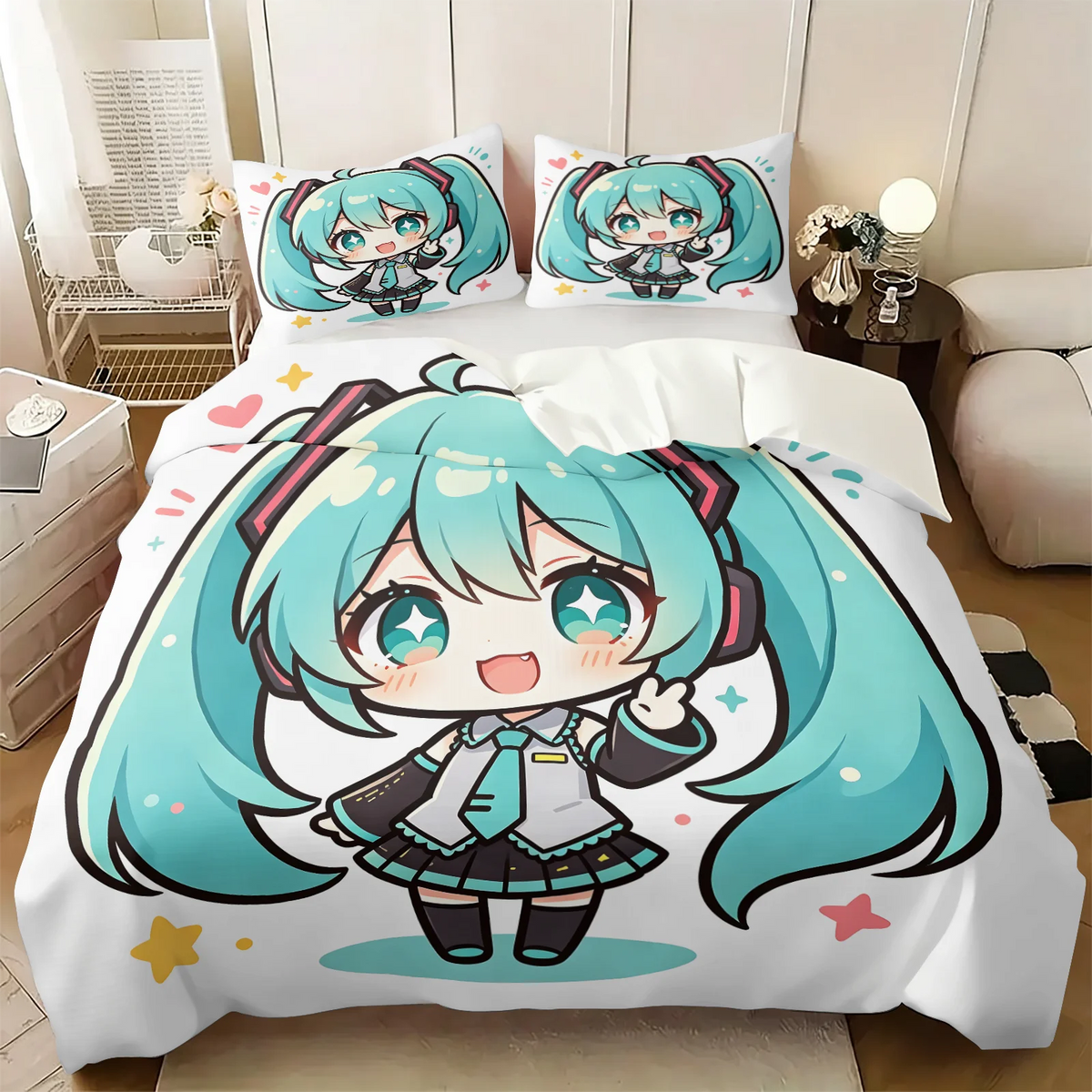 Conjunto de capa de edredão estilo chibi Hatsune Miku, roupa de cama anime adorável com fronhas, decoração para quarto gaming de adolescentes e crianças, presente para fãs