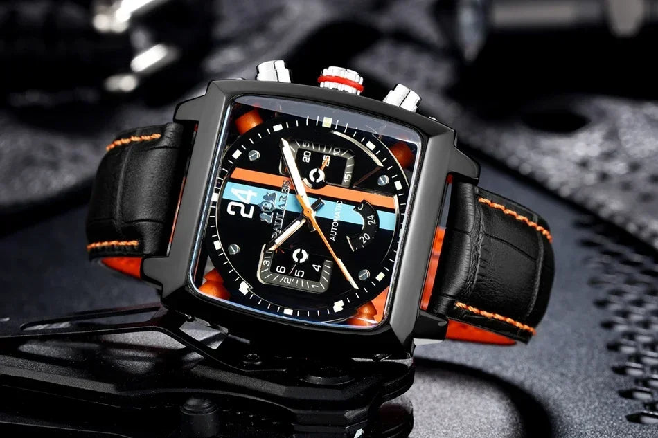 Automatic Watches for Men Mechanical Genuine Leather Stainless Steel Black Orange Blue Casual 40mm Perspective See Through Watch