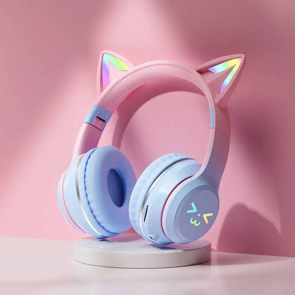 RGB Cat Ear Bluetooth Headphones Wireless Gaming Headset with Microphone, Cute LED Light Stereo Music Headphones for Kids Girls Gifts