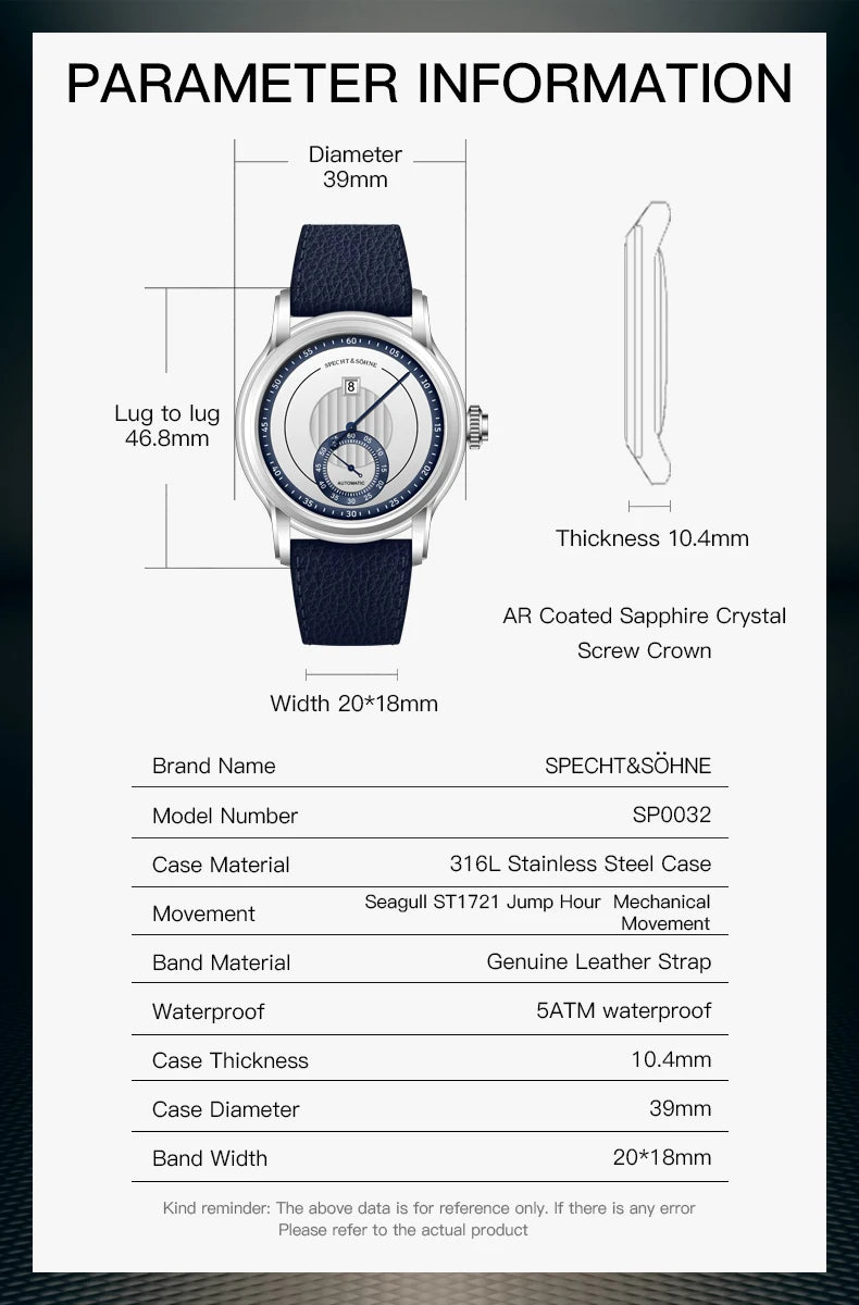 2026 New Luxury Specht & Söhne Jump Hour Watches Automatic Mechanical Watch For Men Sapphire Crystal Stainless Steel Wristwatch