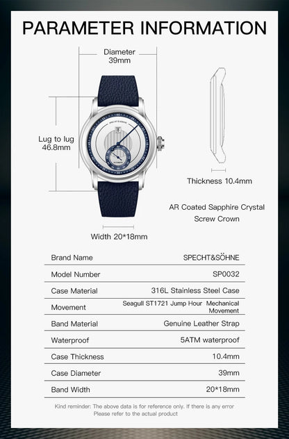 2026 New Luxury Specht & Söhne Jump Hour Watches Automatic Mechanical Watch For Men Sapphire Crystal Stainless Steel Wristwatch