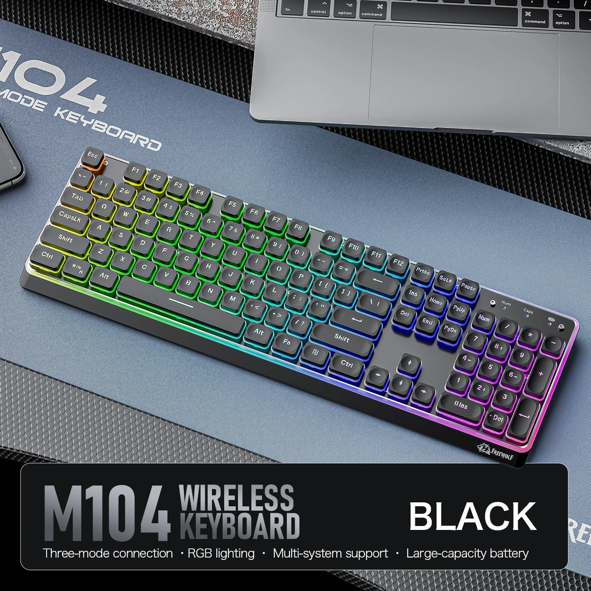Freewolf M104 Tri-Mode Wireless Keyboard RGB 104 Keys Ultra Slim Quiet Membrane 4000mAh Large Battery for Office & Home