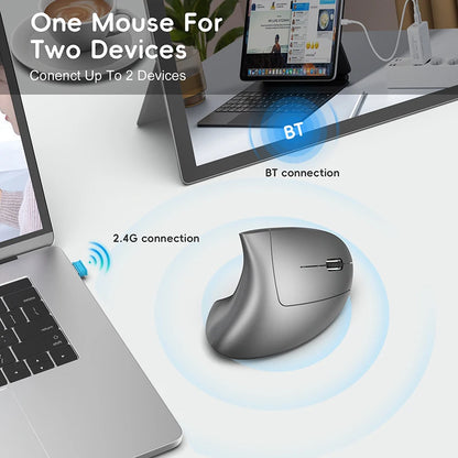 Rechargeable Bluetooth Vertical Mouse Dual-Mode Wireless Silent Gaming Mouse for Windows, Mac OS & Laptop, Ergonomic 2400 DPI Computer Mouse
