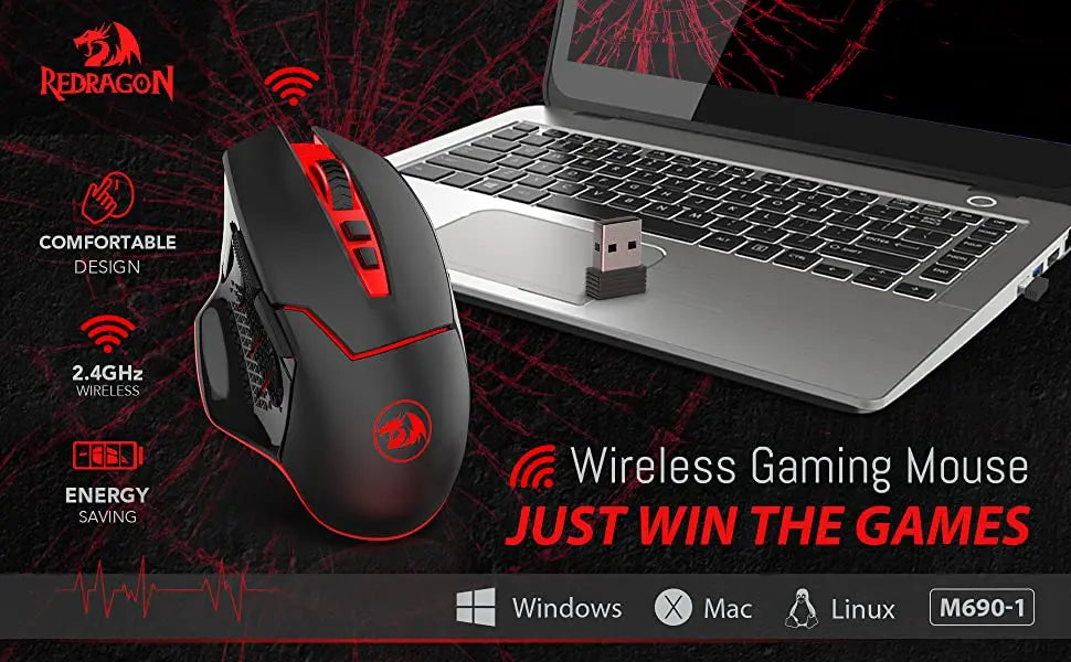 Ratón gaming inalámbrico Redragon M690-1 2.4Ghz con cambio de DPI, 2 botones laterales, 2400 DPI, diseño ergonómico, 8 botones - Negro
