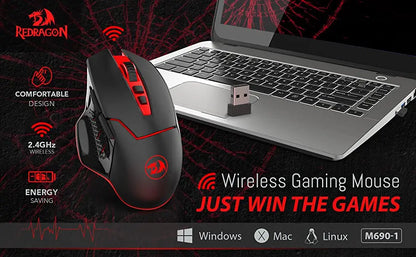 Ratón gaming inalámbrico Redragon M690-1 2.4Ghz con cambio de DPI, 2 botones laterales, 2400 DPI, diseño ergonómico, 8 botones - Negro