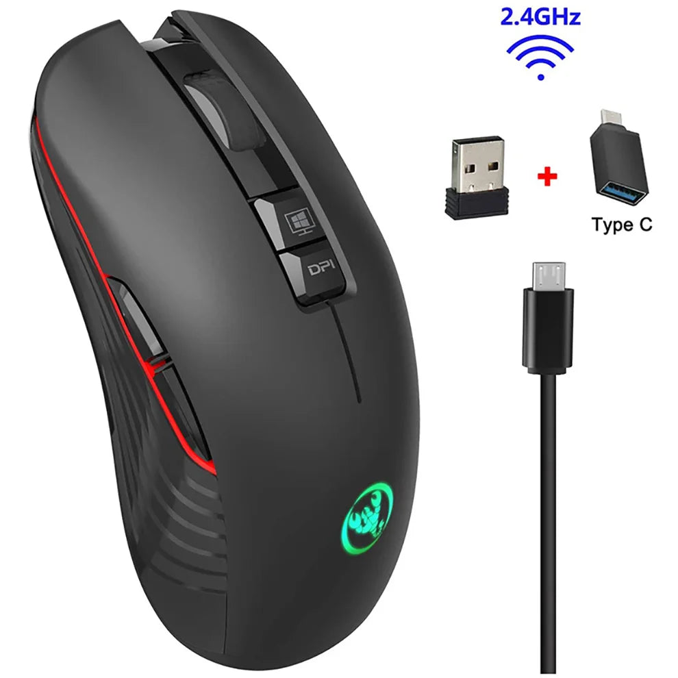 Ratón gaming inalámbrico USB-C 2.4G recargable, 3600DPI, 7 botones, Type-C, silencioso, para Macbook, portátil, PC y ordenador