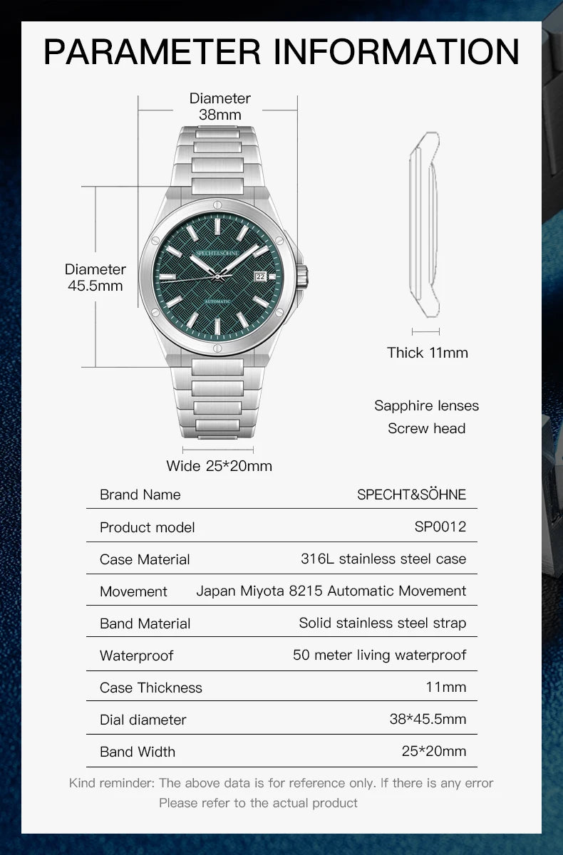 Specht&Sohne 2025 New 38MM Men's Watches Automatic Watch Japan Miyota 8215 Movt Steel Sapphire Crystal Reloj Homb Waterproof