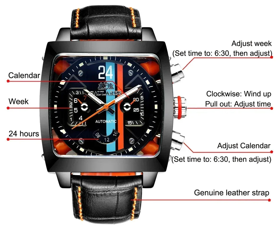 Automatic Watches for Men Mechanical Genuine Leather Stainless Steel Black Orange Blue Casual 40mm Perspective See Through Watch