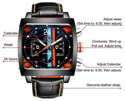 Automatic Watches for Men Mechanical Genuine Leather Stainless Steel Black Orange Blue Casual 40mm Perspective See Through Watch